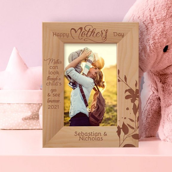 Mother Can Look Through A Child's Eyes & See Tomorrow Personalized Wooden Frame 4" x 6" Brown (Vertical)
