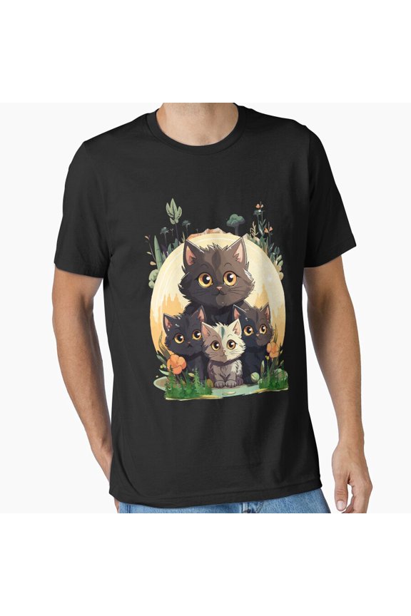 Mother Cat and Her Three Kittens Sweet Feline Family Unisex T-Shirt, up to size 5XL