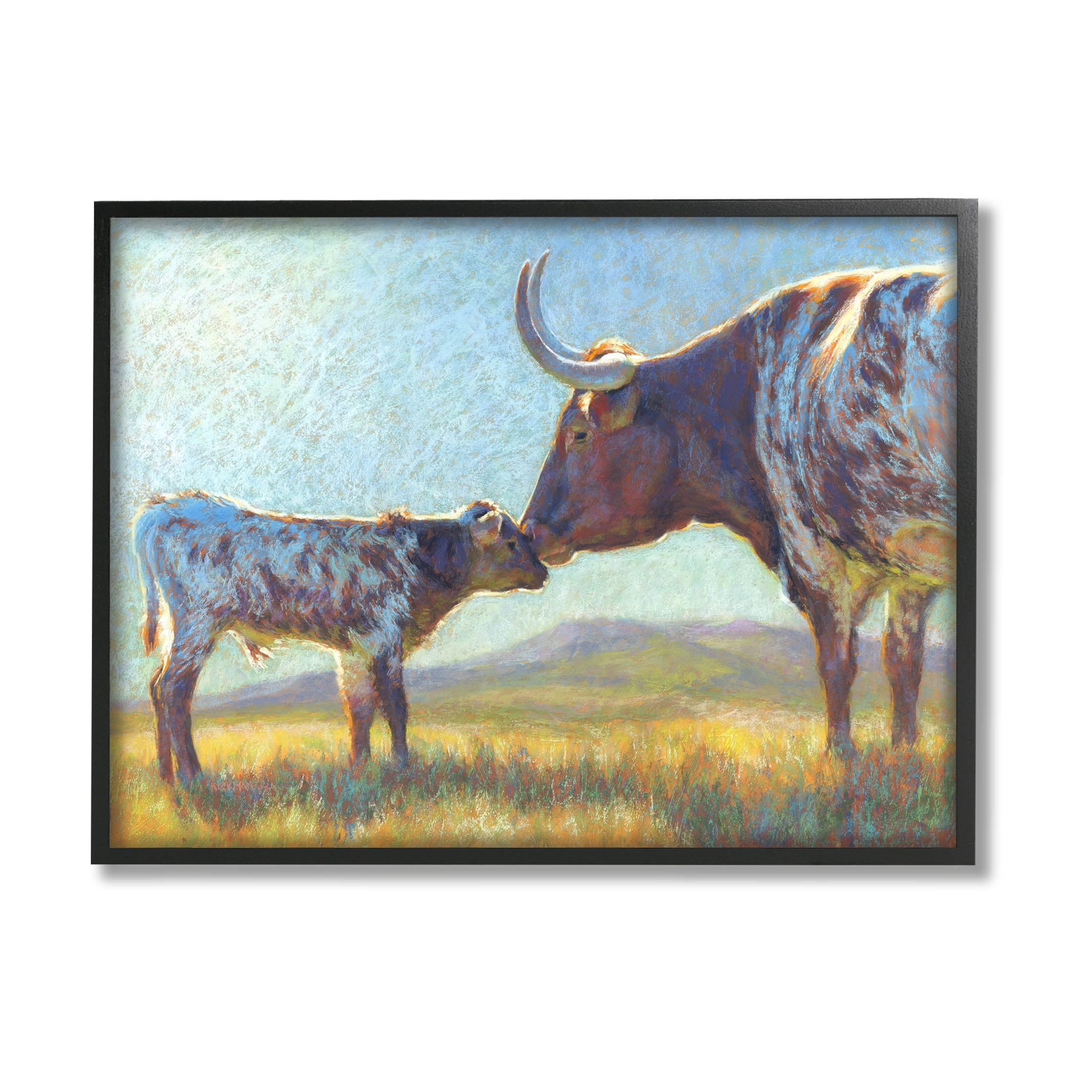 Mother Cattle Calf Sunlit Farm Animals & Insects Painting Black Framed Art Print Wall Art