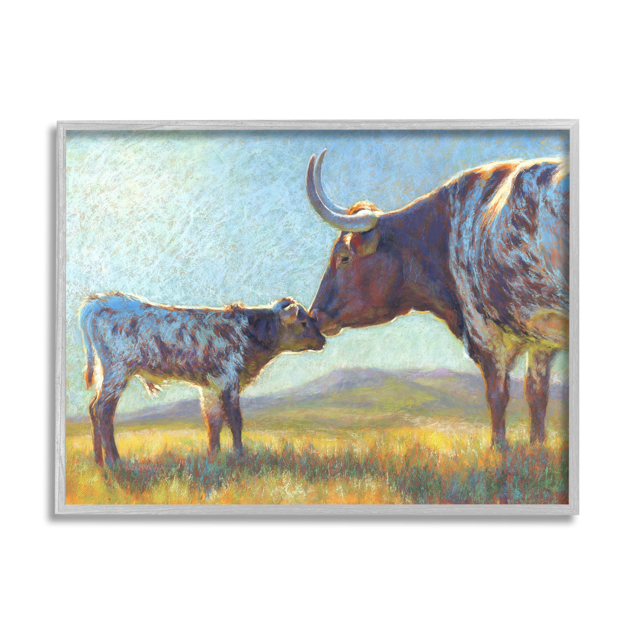 Mother Cattle Calf Sunlit Farm Animals & Insects Painting Gray Framed Art Print Wall Art