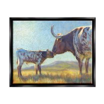 Mother Cattle Calf Sunlit Farm Animals & Insects Painting Jet Black Framed Art Print Wall Art