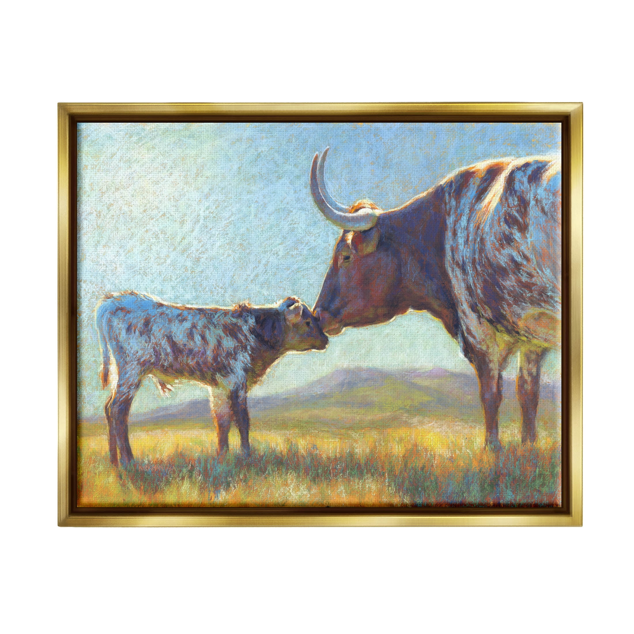 Mother Cattle Calf Sunlit Farm Animals & Insects Painting Metallic Gold Framed Art Print Wall Art
