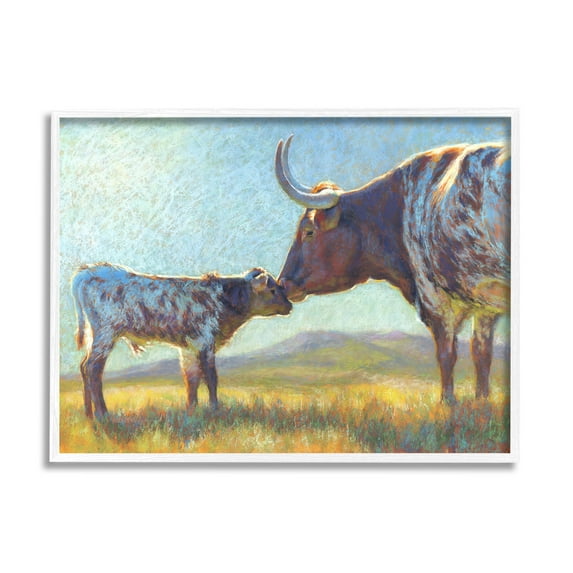 Mother Cattle Calf Sunlit Farm Animals & Insects Painting White Framed Art Print Wall Art