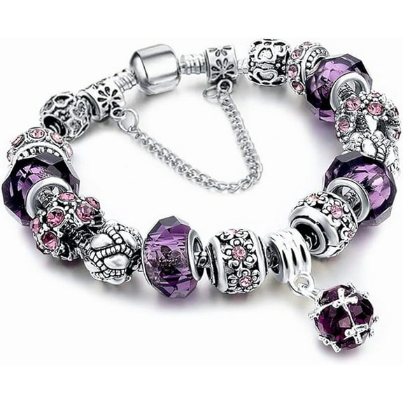 Mother Charms Bracelet for Women Murano Glass Beads Butterfly Flower Charms Amethyst Bracelets