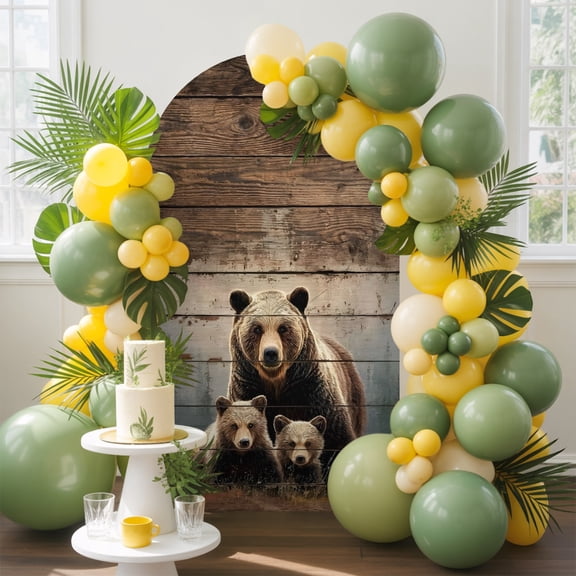 Mother and Child Bear Arch Backdrop Cover, 4FT, Animals Forest Wood Grain Spandex Arch Covers Double-Sided Backdrop for Wedding Birthday Party Photo Background Decoration