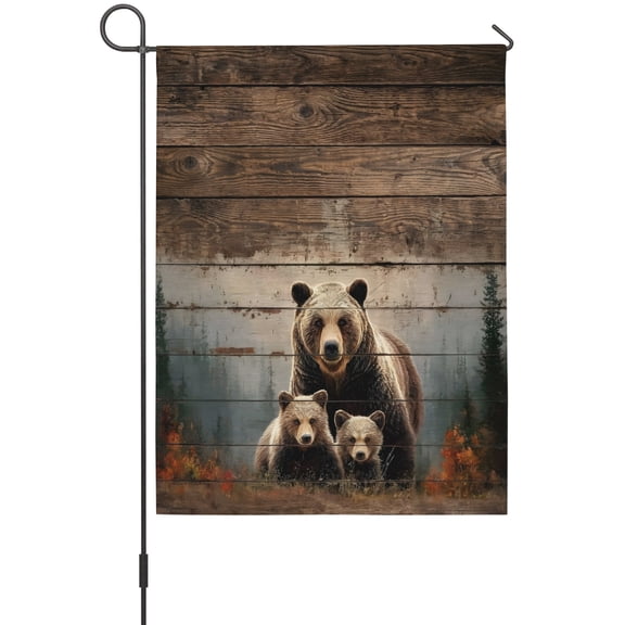 Mother and Child Bear Garden Flags For Outdoor, Animals Forest Wood Grain Small Double Side Yard Flags Weather Proof Garden Decor for Lawn Outside Holiday 12 x 18 Inches