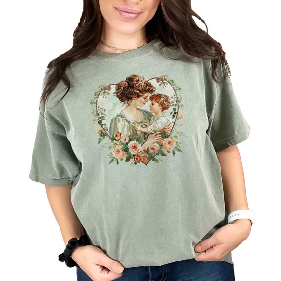Mother Child Bonding Heart Design T-Shirt, Vintage Floral Art Tee, Gift for Mom and Daughter, Mother's Day Special Graphic Top, Moss Comfort Colors T-Shirt, Medium
