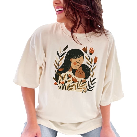 Mother and Child Illustration, Floral Print T-Shirt, Unique Gift for Mom, Motherhood Art, Comfortable Casual Wear, Artistic Top, Ivory Comfort Colors T-Shirt, Large