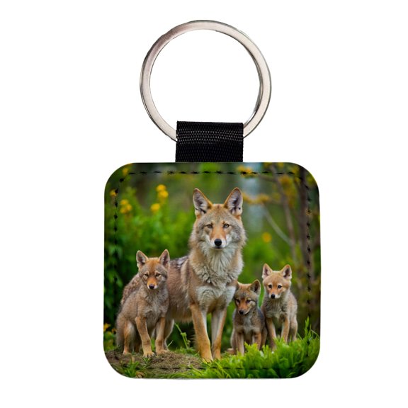 Mother Coyote And Pups Faux Leather Square Keychain