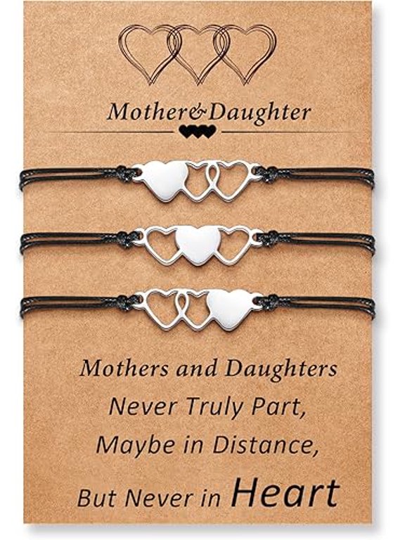 Mother & Daughter 3-Piece Interlocking Heart Bracelet Set - Matching Bond Bracelets with Sentiment Card