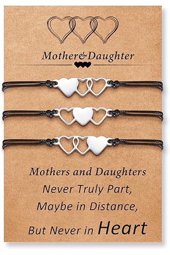 Mother & Daughter 3-Piece Interlocking Heart Bracelet Set - Matching Bond Bracelets with Sentiment Card