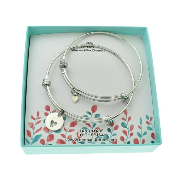 Mother Daughter Bangle Bracelets in Silver Stainless Steel With Sterling Silver Hearts. Mother and Daughter Sets.
