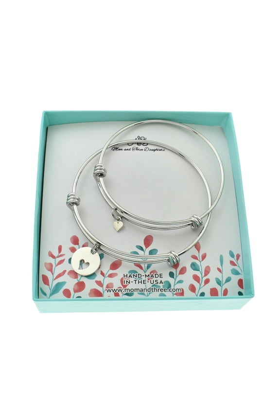 Mother Daughter Bangle Bracelets in Silver Stainless Steel With Sterling Silver Hearts. Mother and Daughter Sets.