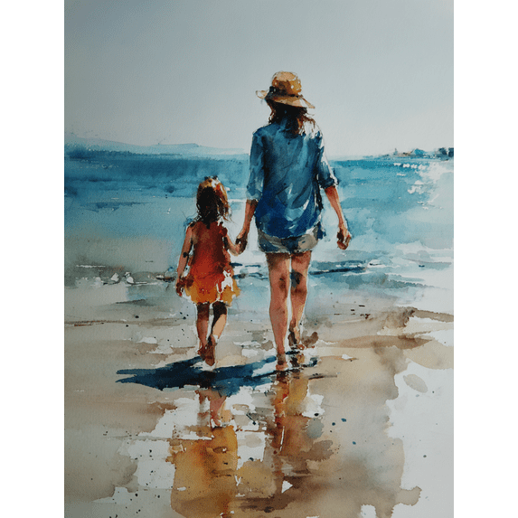 Mother Daughter Beach Walk Canvas Wall Art,Kitchen Bathroom Decor for Living Room Bedroom Hallway