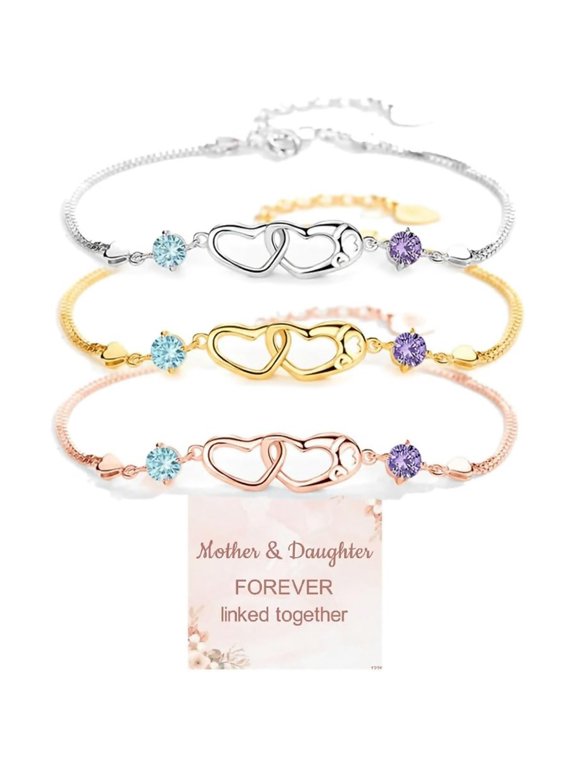 Mother And Daughter Birthstone Custom Double Heart Bracelet, Personalized Interlocking Heart Link Bracelet, Adjustable Dainty Chain Elegant Jewelry for Women Mom, Anniversary, Birthday, Mother's Day