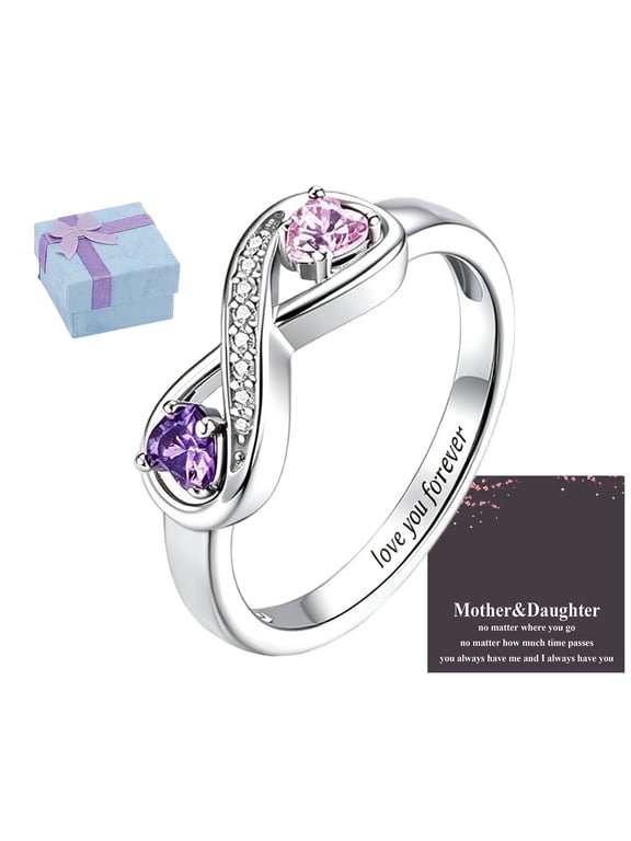 Mother Daughter Connected by Heart Double Birthstones Infinity Ring, Birthstone Mothers Rings with Engraved Love You Forever, For Couples Wife Mom Birthday Christmas Gift (Silver, 6)