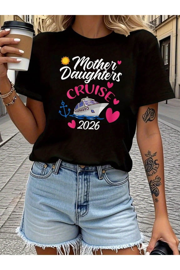Mother Daughter Cruise 2026 Matching Vacation Tee Funny Nautical Anchor Heart Graphic T-Shirt Retro Summer Family Trip Top Casual Black Short Sleeve Apparel