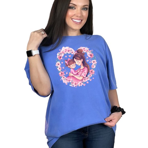 Mother and Daughter Floral Love Shirt, Cute Pink Heart Design T-Shirt, Mother and Child Matching Outfits, Lovely Gift for Mom, Flo Blue Comfort Colors T-Shirt, XL
