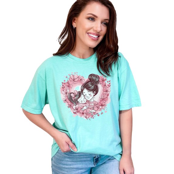 Mother Daughter Heart Floral Art T Shirt, Cute Matching Mom and Daughter Tee, Mother Daughter Love Matching Outfit, Chalky Mint Comfort Colors T-Shirt, XL