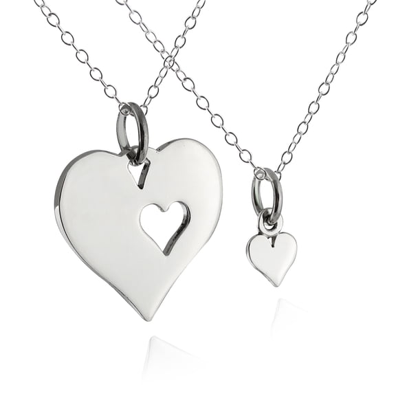 Mother Daughter Heart Necklaces, 925 Sterling Silver, Two 18" Chains