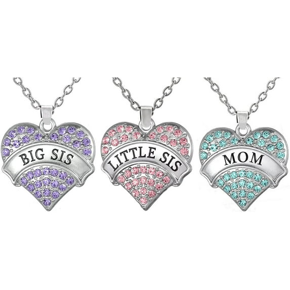 Mother Daughter Jewelry Gifts Necklaces, Heart Necklace Set, Matching Sister Pendant Necklaces, Big & Little Sisters Jewelry for Females (Big Sis Purple, Little Sis Pink, Mom Aqua Blue)