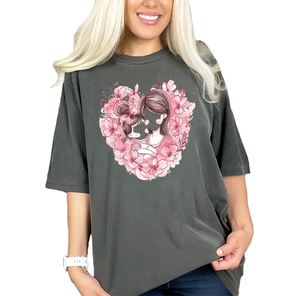 Mother Daughter Love Art T-Shirt, Floral Heart Design, Cute Matching Outfits, Gift for Mom, Mother Daughter Bond Shirt, Pepper Comfort Colors T-Shirt, XL