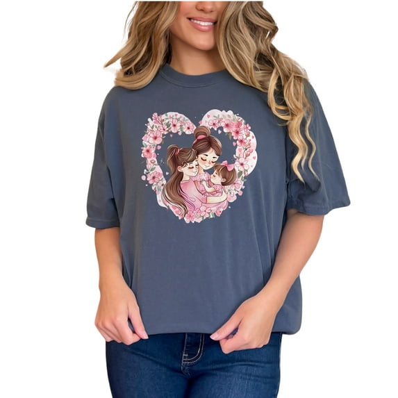 Mother Daughter Love Heart Floral Artwork Tee, Family Themed Graphic Shirt, Perfect Gift for Moms Daughters, Cute Matching Outfits, Denim Comfort Colors T-Shirt, Small