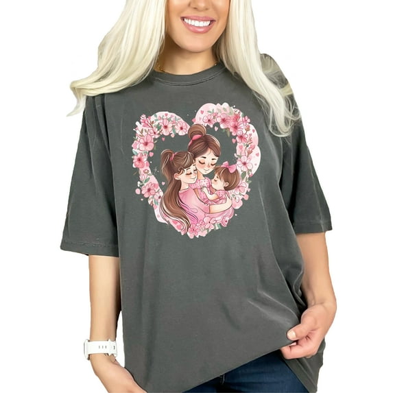 Mother Daughter Love Heart Floral Artwork Tee, Family Themed Graphic Shirt, Perfect Gift for Moms Daughters, Cute Matching Outfits, Pepper Comfort Colors T-Shirt, 2XL