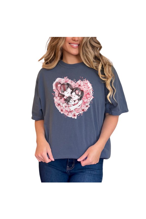 Mother Daughter Love Heart T-Shirt, Floral Art Family Hug Tee, Cute Mom and Kid Matching Shirt, Gift for Mother and Daughter, Denim Comfort Colors T-Shirt, Small