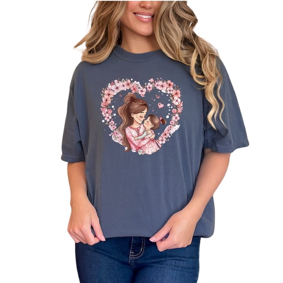 Mother Daughter Love T-Shirt, Cute Floral Heart Design Tee, Matching Family Outfits, Perfect Gift for Mom and Child, Casual Wear, Denim Comfort Colors T-Shirt, Small