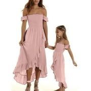 SPRING HUE Mother Daughter Matching Dress,Mommy and Me Dresses Off Shoulder Chiffon Ruffled Long Dress