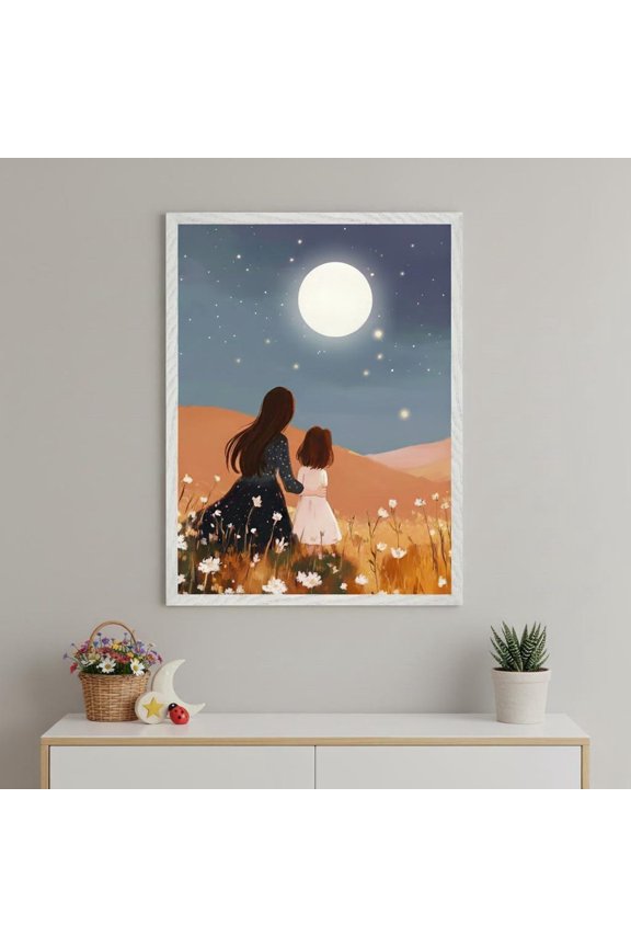 Mother Daughter Moon Wall Art Night Sky Nursery Decor Whimsical Celestial Print Unframed Paper Print