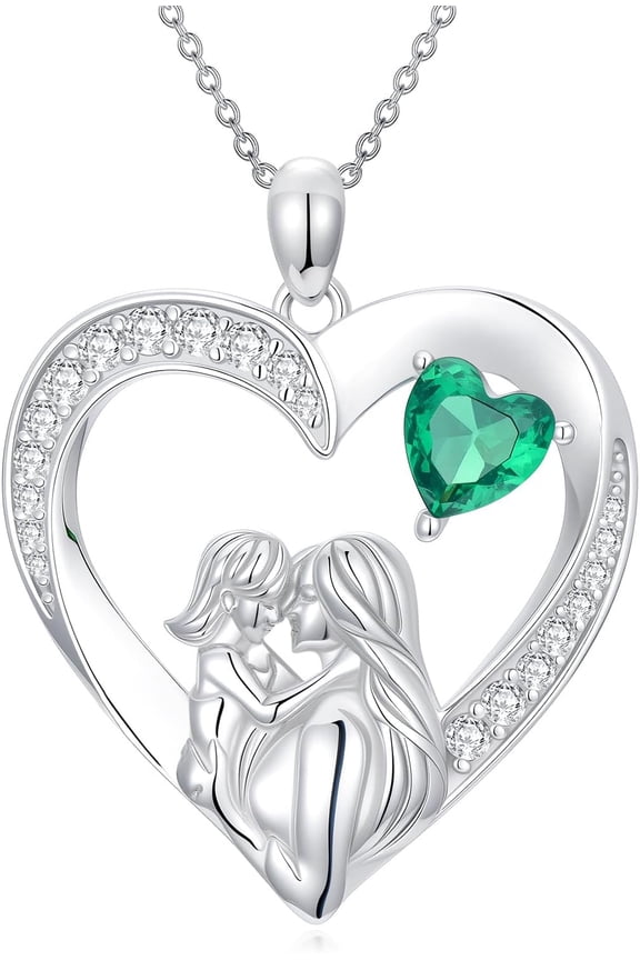 Mother Daughter Necklace, 925 Sterling Silver Heart Mama Pendant Necklace with Heart Emerald, Mom and Daughter Jewelry Birthday Christmas Mother's Gifts for Women Mom Daughter