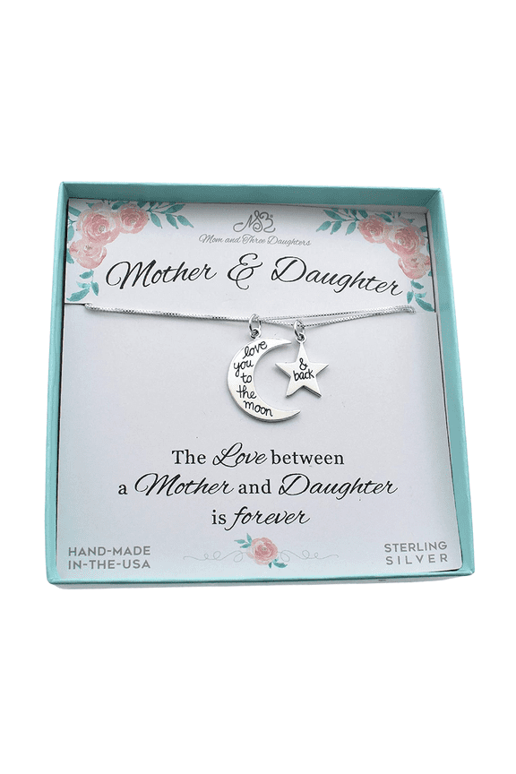 Mother Daughter Necklace Set. Love You to the Moon & Back on 16" and 18" sterling silver Box chain. Mother Daughter Jewelry. Gift for her.