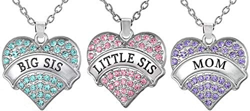 Mother Daughter Necklaces for 3, Mom, Big Sis & Lil Sis Heart