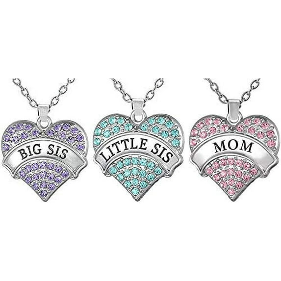 Mother Daughter Necklaces for 3, Mom, Big Sis & Lil Sis Heart Necklace Set, Matching Sister Necklaces, Big & Little Sisters Jewelry (Big Sis Aqua, Little Sis Pink, Mom Purple)
