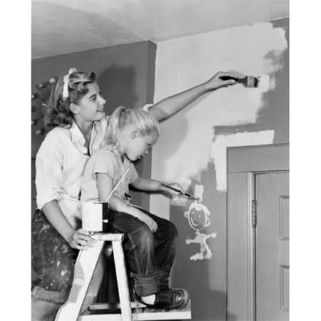 Mother & Daughter Painting Wall at Home Poster Print - 18 x 24 in.
