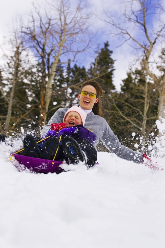 Mother & Daughter Sledding Together Cedar Mountain Dixie National Forest Utah Winter Canvas Art - Michael DeYoung Design Pics (22 x 34)
