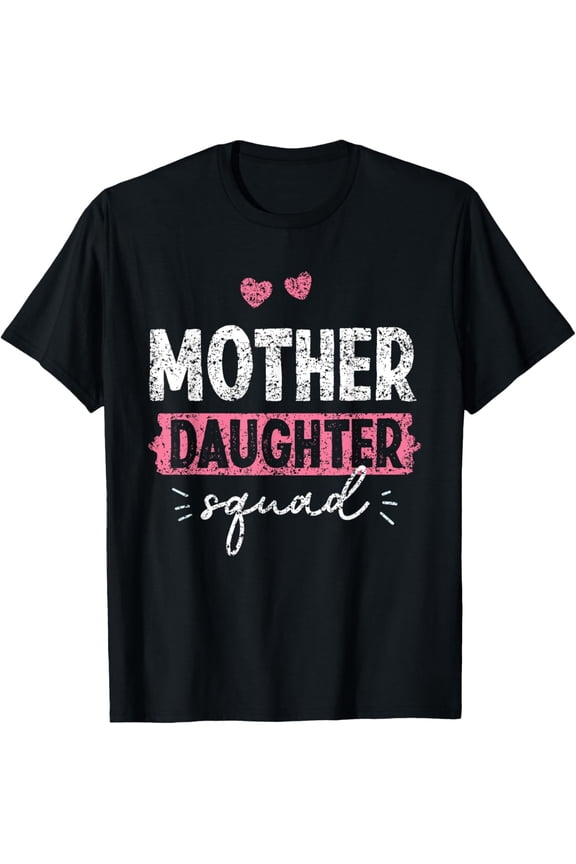 Mother Daughter Squad Women's Graphic T-Shirt Retro Distressed Pink Heart Family Matching Apparel Gift for Mom