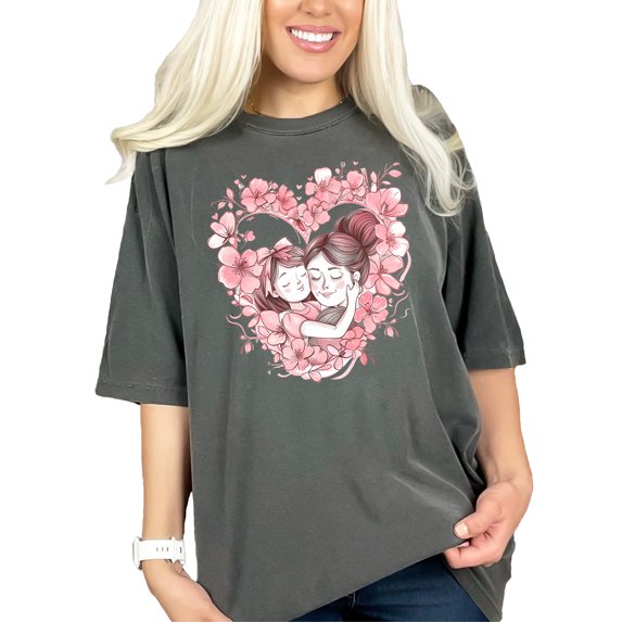 Mother Daughter T-Shirt, Mom and Daughter Matching Outfit, Heart Flowers Design Tee, Cute Family Shirt, Mother's Day Gift Idea, Pepper Comfort Colors T-Shirt, 2XL