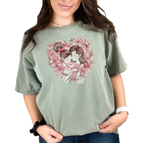 Mother and Daughter T-Shirts, Heartwarming Floral Design Tees, Cute Family Matching Shirts, Perfect Gift for Moms and Daughters, Moss Comfort Colors T-Shirt, Medium