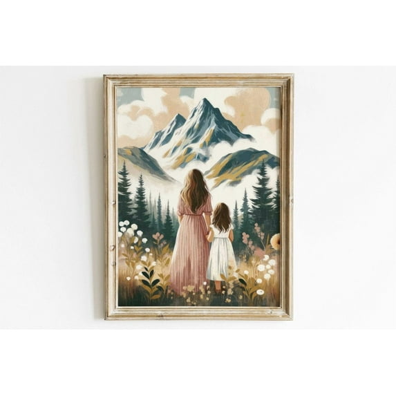 Mother Daughter Wall Art, Mom And Daughter Gift, Girl Adventure Print, Mother & Child Painting, Outdoors Nursery, Family Art Wall Art, Modern Wall Decor, 24x36 UNFRAMED