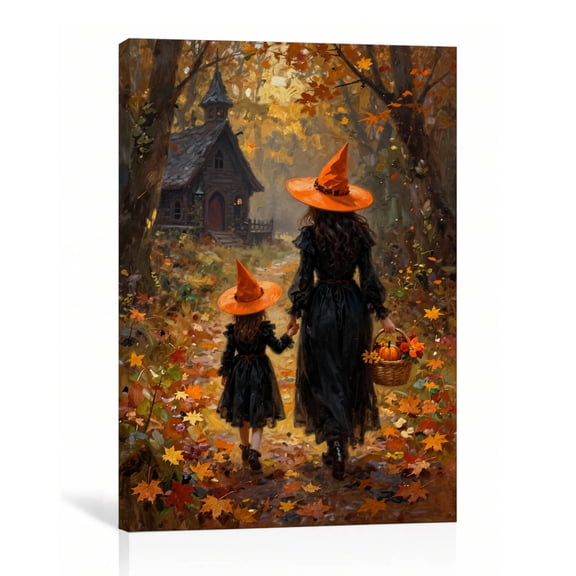 Mother Daughter Witch Wall Art Halloween Canvas Print Autumn Forest Family Witch Decor Gallery Wrapped Canvas 8"L x 12"W