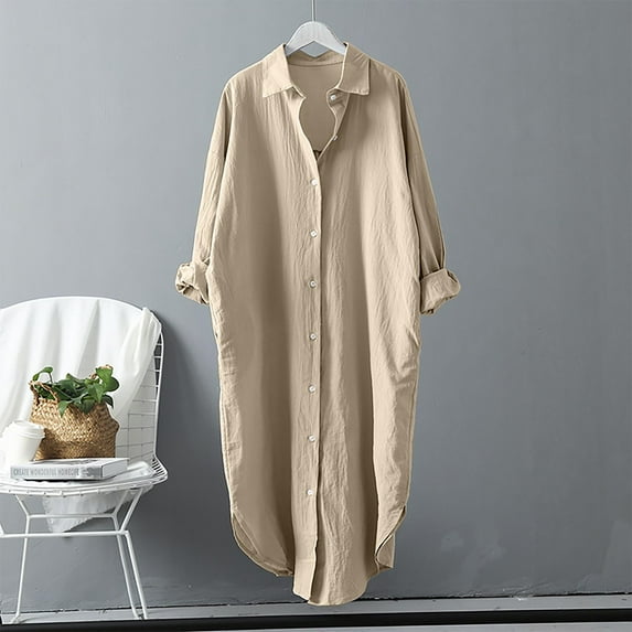 Summer POROPL Cotton Linen Long Sleeve V-Neck Solid Pullover Loose Women Blouses Small Under $7 Beige Size L(US:8)