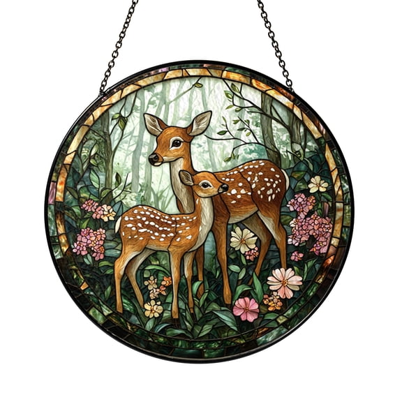 Mother Deer and Fawn Stained Glass Suncatcher, Peaceful Forest Window Art, Great Gift for Rustic Home Decor