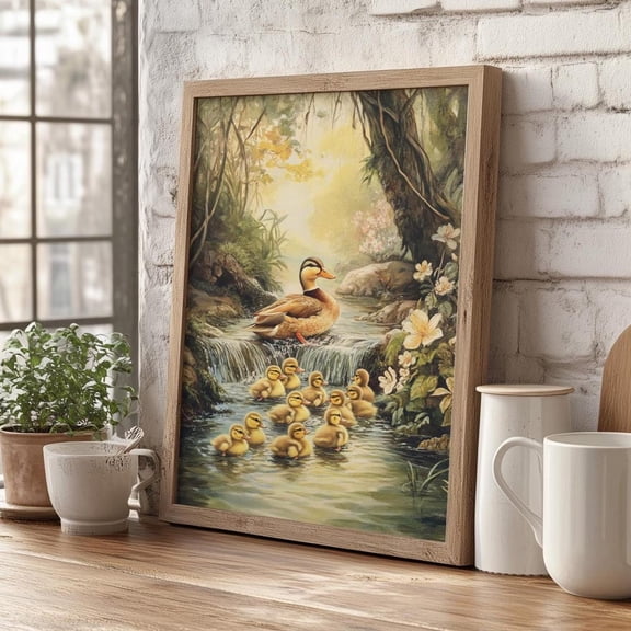 Mother Duck Ducklings Stream Wall Art, Whimsical Countryside Decor, Unframed Paper Print Size 8x12