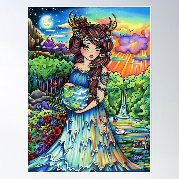 Mother Earth, Mother Nature Pregnant Fantasy Landscape Artwork Poster Wall Art, Modern Wall Decor For Living Room Bedroom, 8x12 UNFRAMED