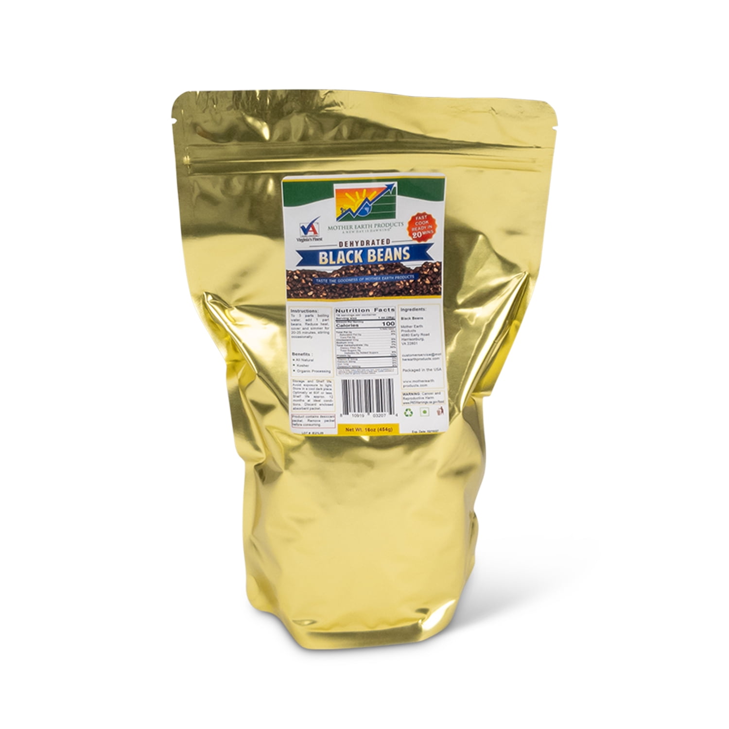 Mother Earth Products Dehydrated Black Beans, 1 Full Quart Mylar Bag