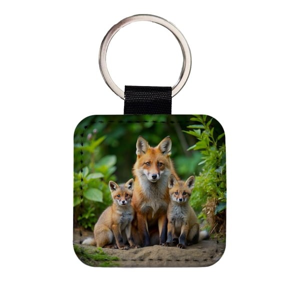 Mother Fox And Pups Faux Leather Square Keychain