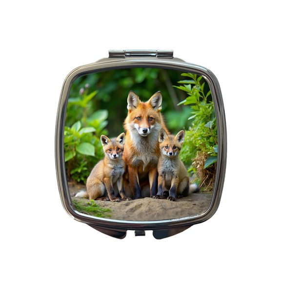Mother Fox And Pups Travel Makeup Handbag Purse Small Pocket Compact Mirror